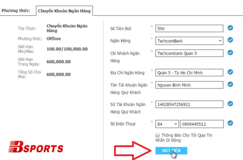 Rút tiền Bsport qua ngân hàng